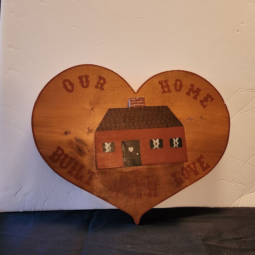Folk Art VTG  Handpainted Wood House "OUR HOME BUILT WITH LOVE" 13 in x 11 in